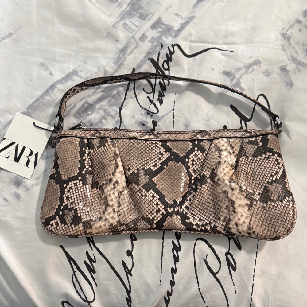 Zara Beige Snake Print Shoulder Bag